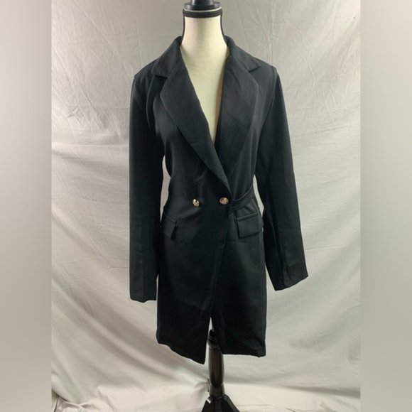 Black Lapel Neck Double Button Wrap Blazer Dress - Picture 6 of 8